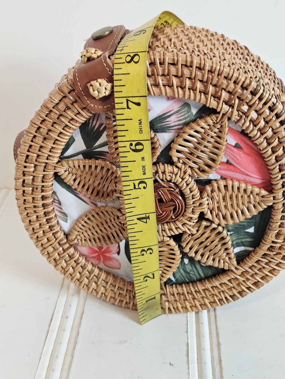Round Rattan Woven Crossbody Bag Bali Boho Canteen Straw Floral - Picture 9 of 12